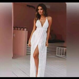 Hello Molly | East Atlanta Dress White Halter Maxi Lace Gown | XS